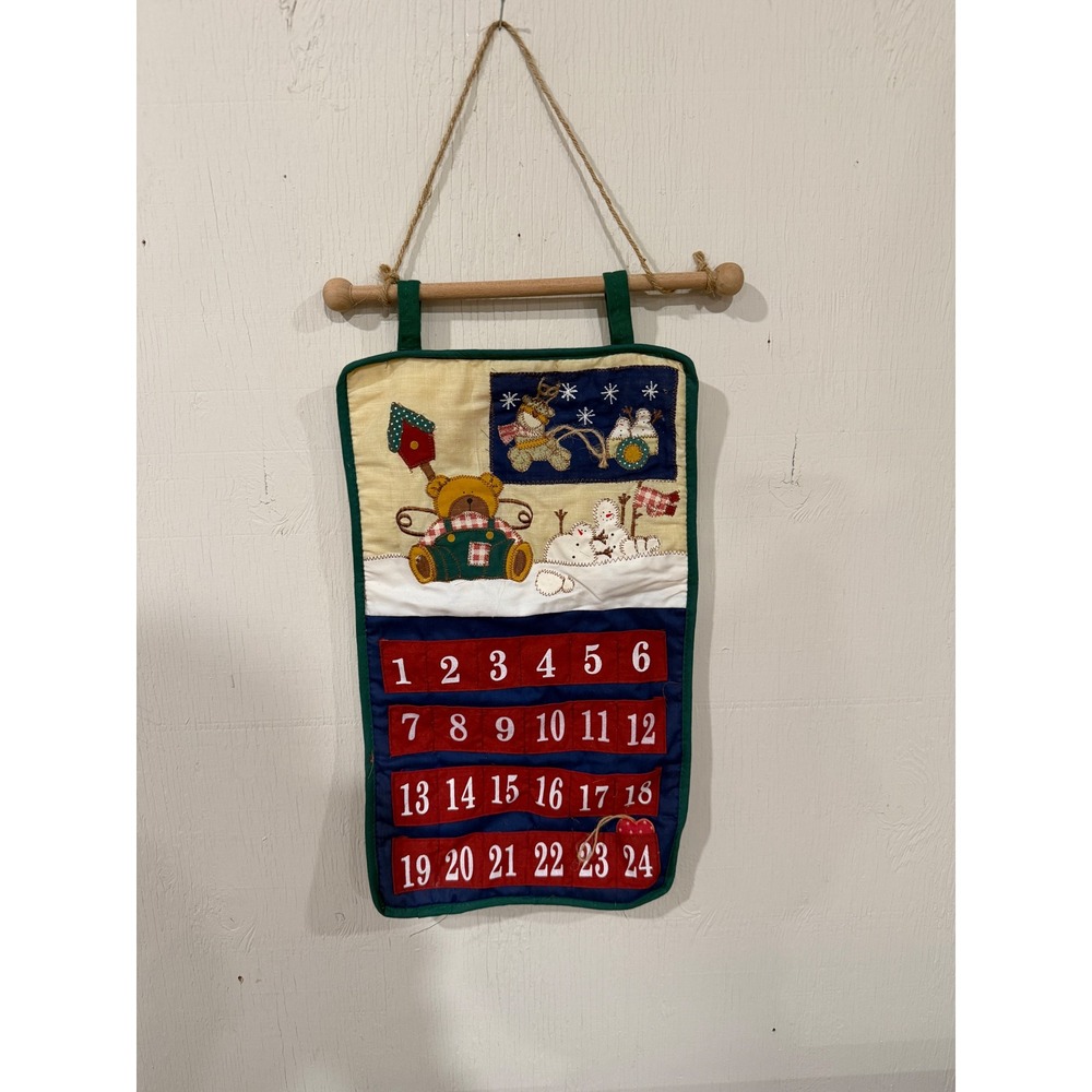 Vintage Fabric Advent Calendar Quilted Christmas Wall Hanging Bear Snowman
